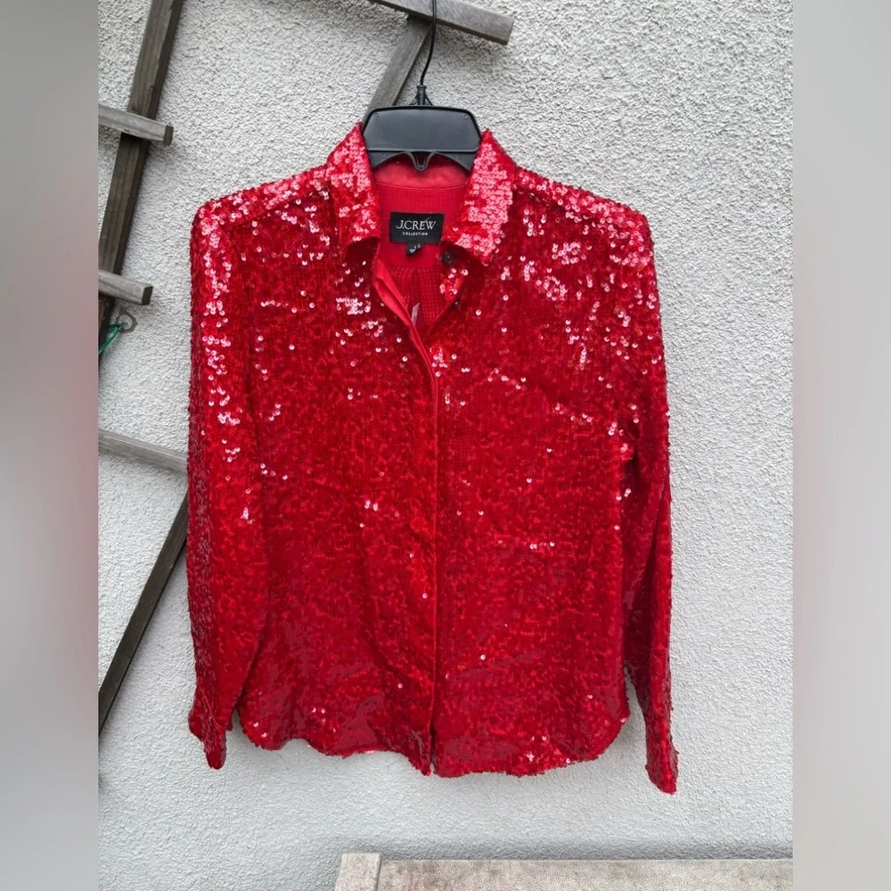 NWT J.Crew Collection Classic-fit Sequin Shirt in Dark Red Button-up Blouse - Picture 4 of 8